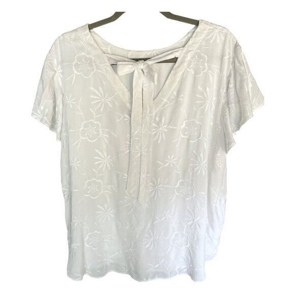 Loft White Round Neck Floral Embroidered Short Sleeve Top with Tie Back Size XL - Picture 3 of 10